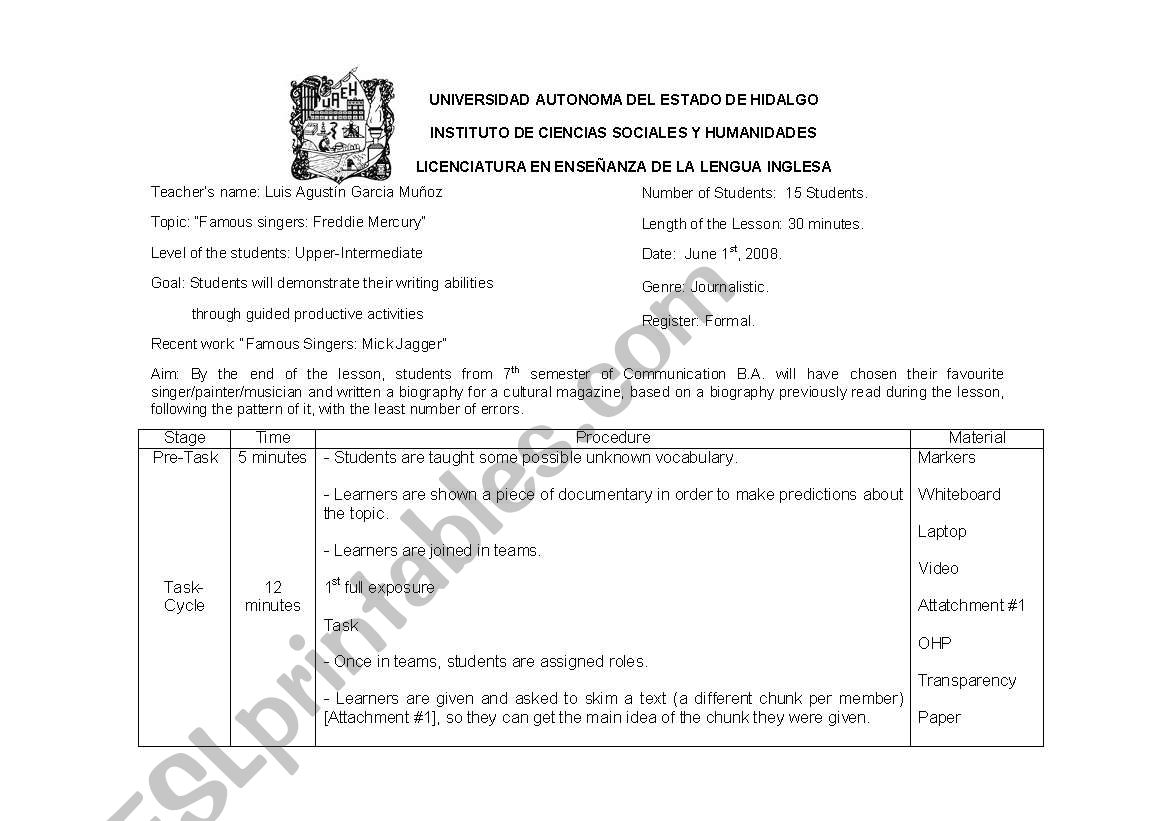 Lesson plan Task-based Reading and Writing - Freddie Mercury