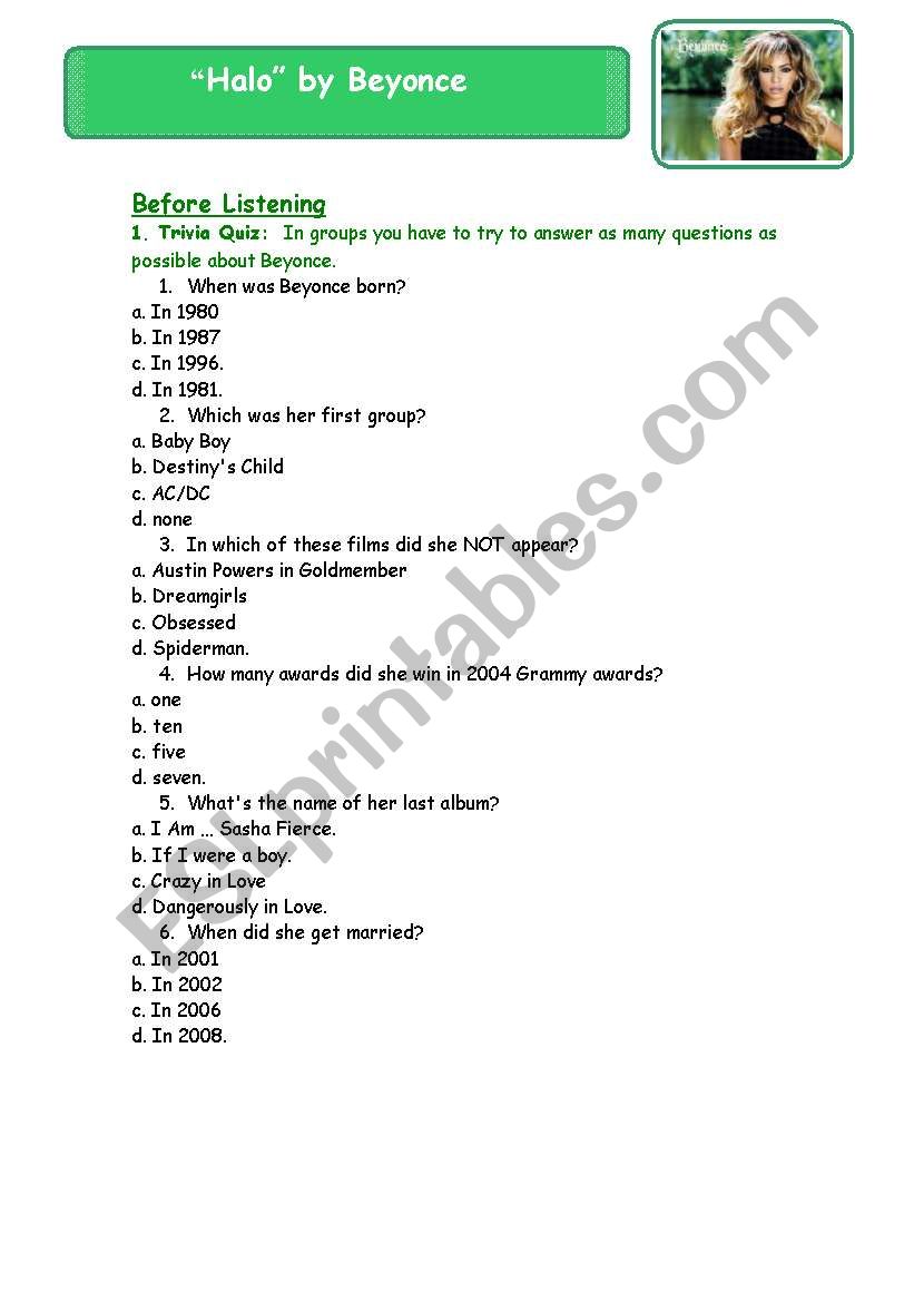 HALO-BEYONCE worksheet