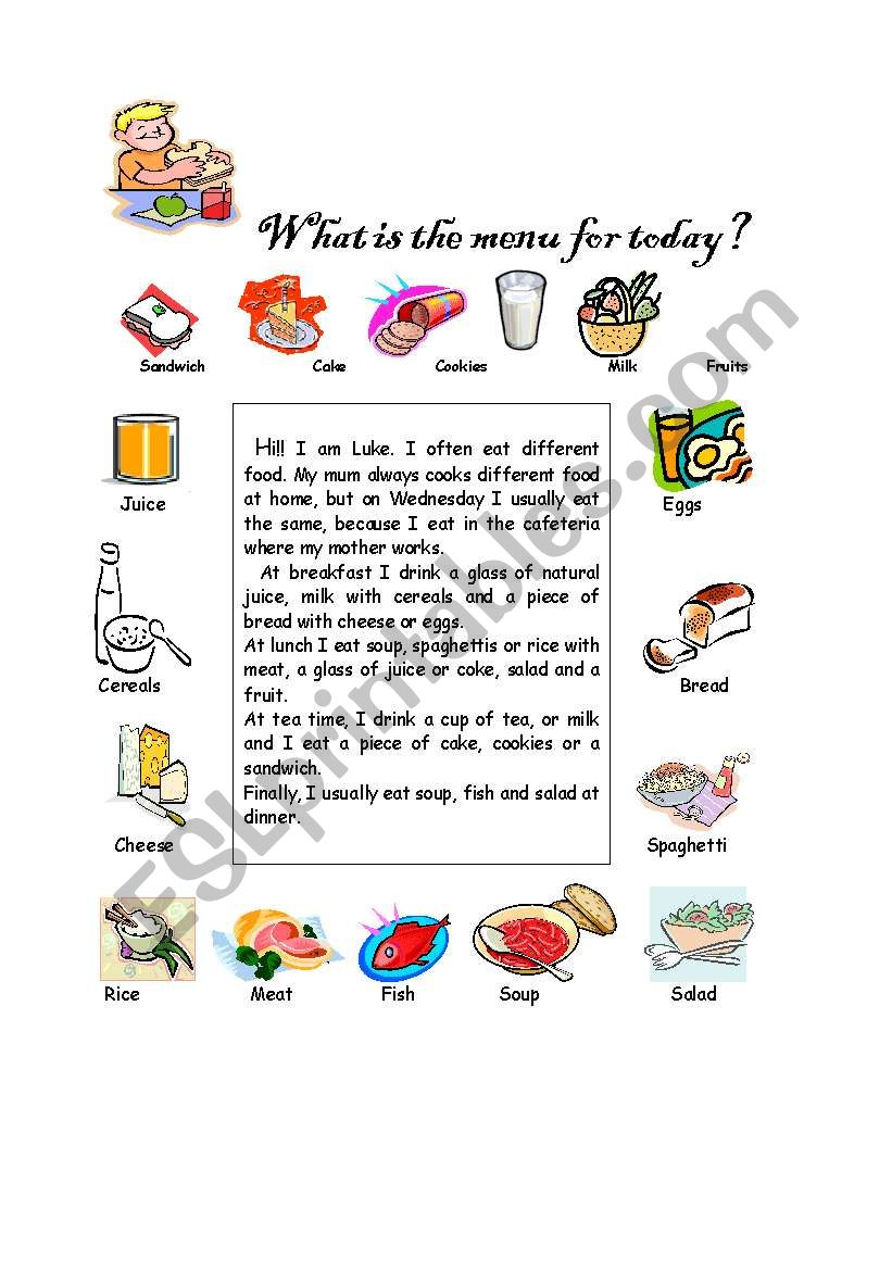 whats the menu for today? worksheet