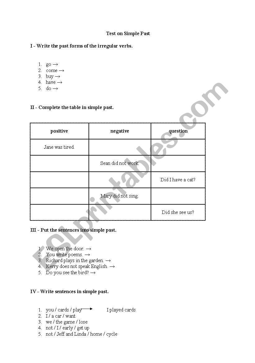 test on the simple past tense worksheet