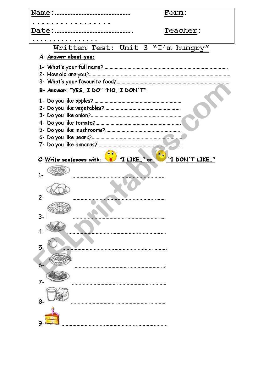 Likes, Dislikes & Food worksheet