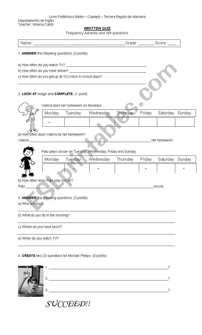 quiz of wh question and frequency adverbs