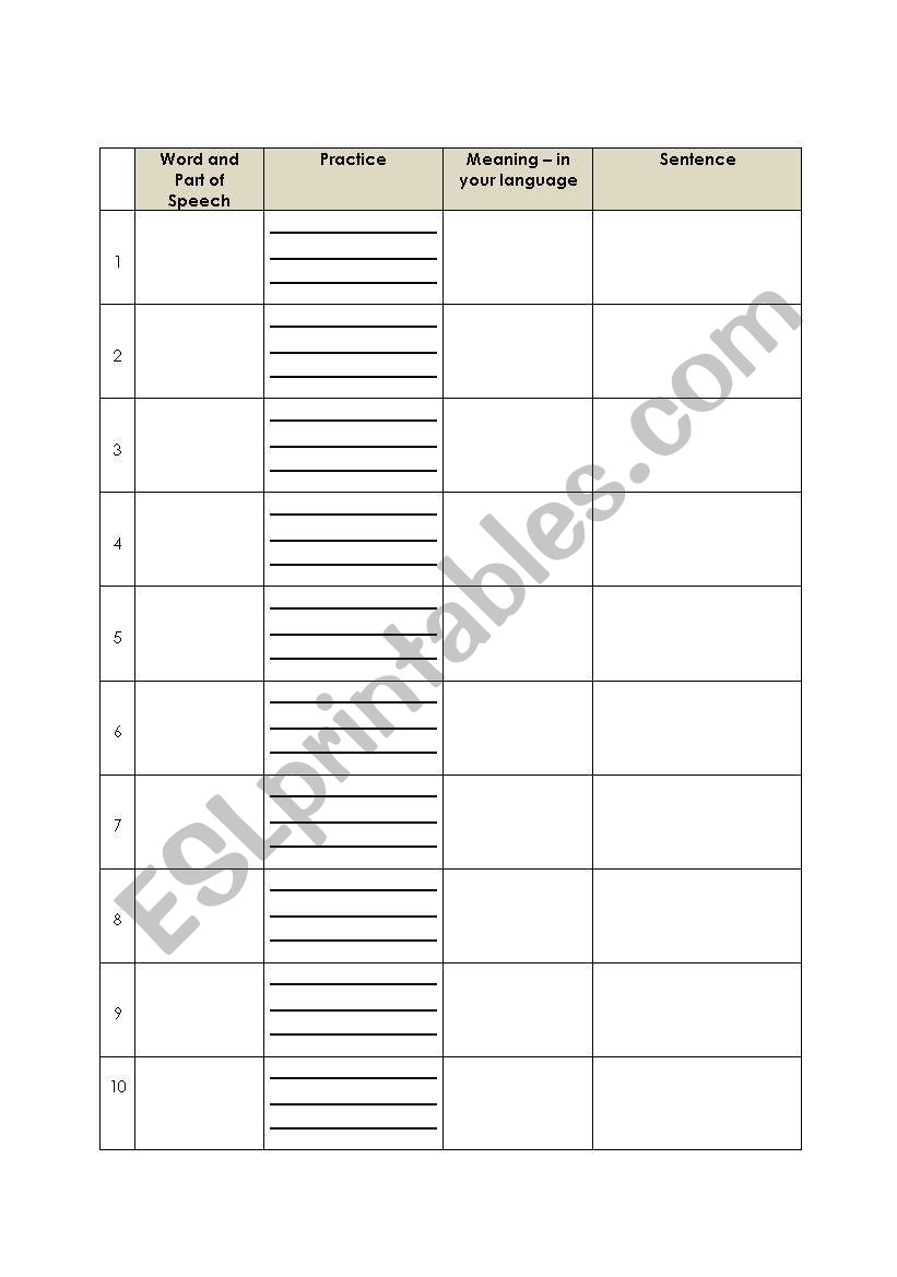 Vocab Template worksheet