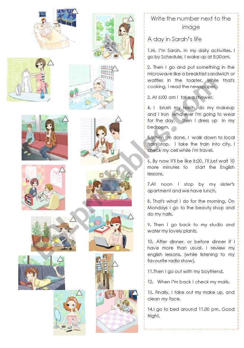 A day in Sarah´s life Daily Routines - ESL worksheet by ilona