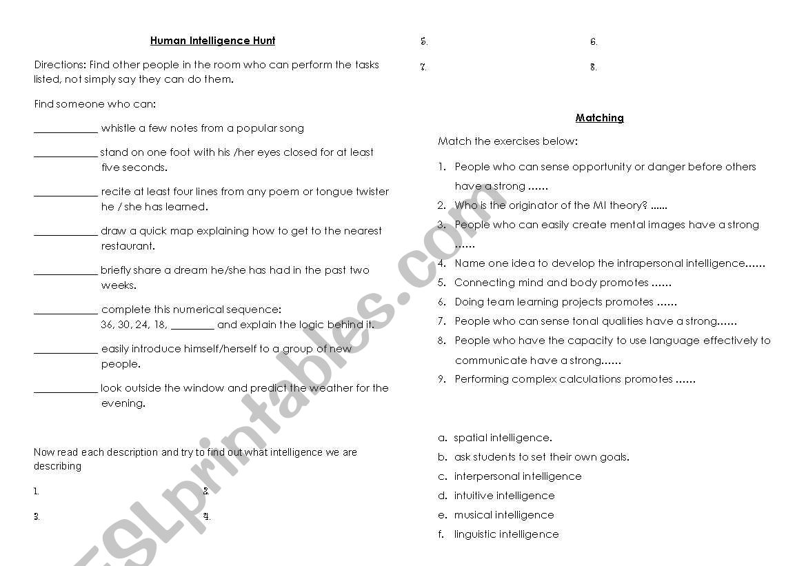 MULTIPLE INTELLIGENCE HUNT worksheet