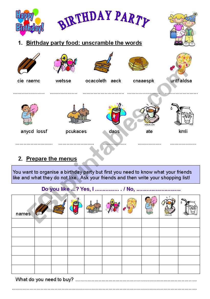 Organize your Birthday Party worksheet