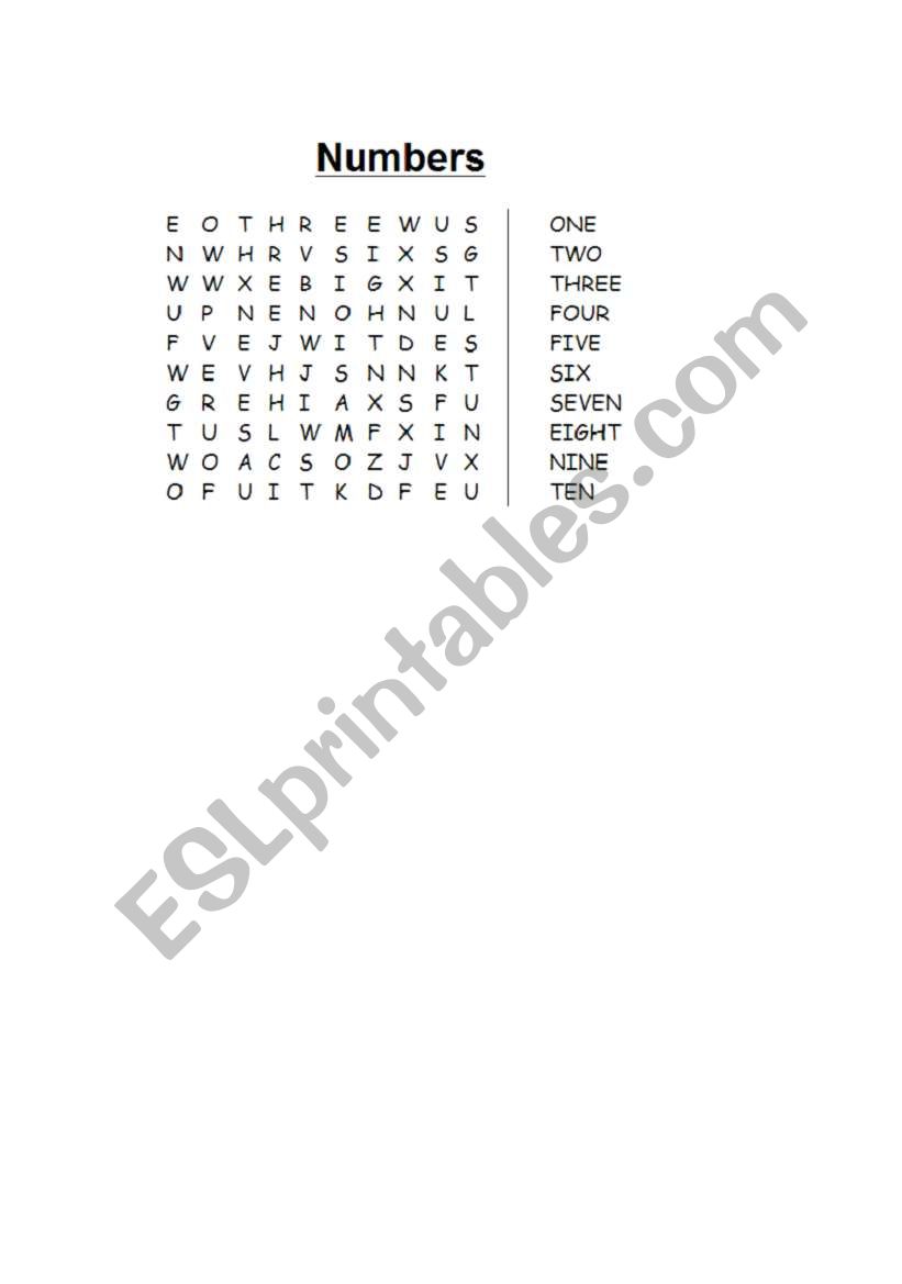 Numbers  word search worksheet