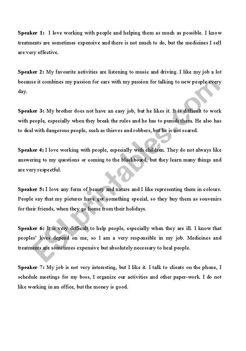 speakers - related to jobs worksheet