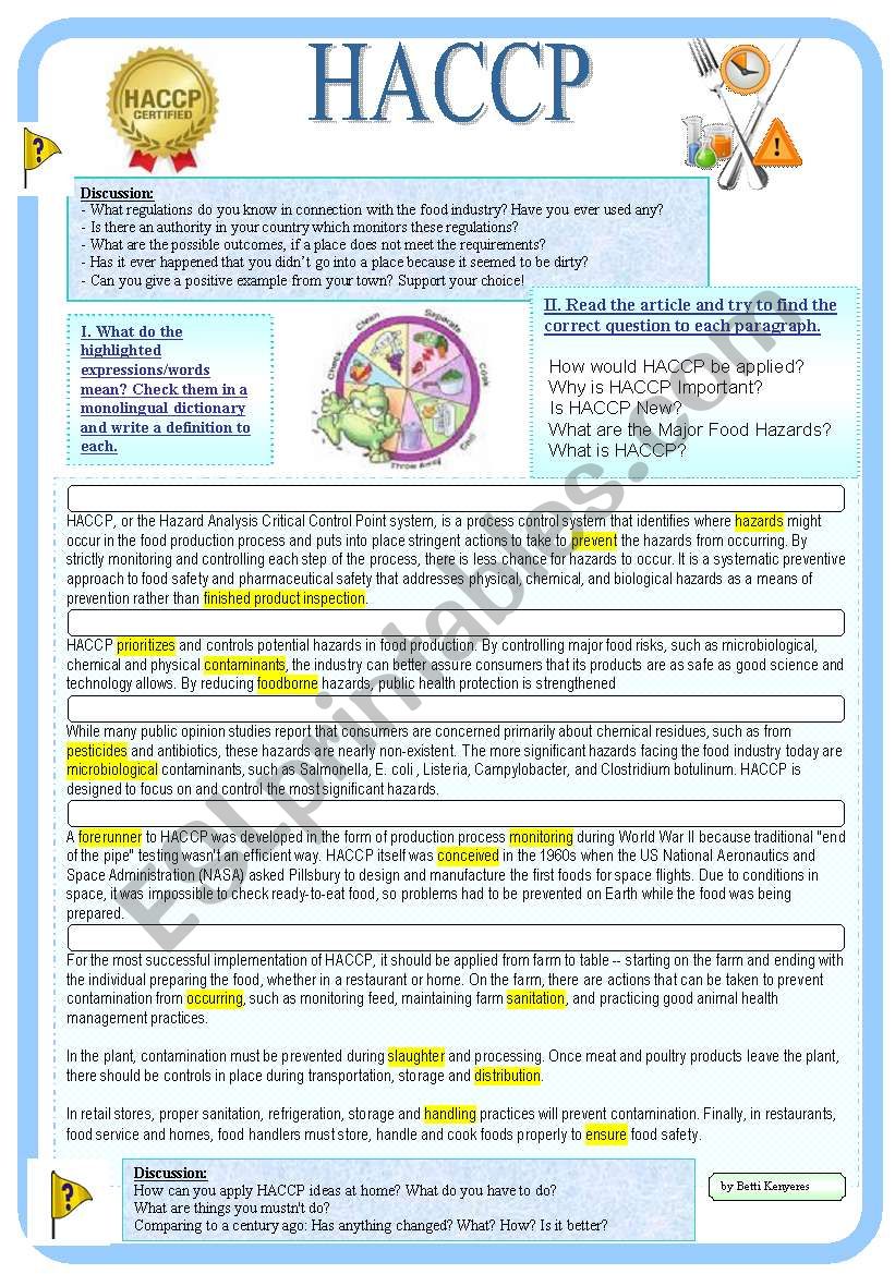 Food industry - HACCP worksheet