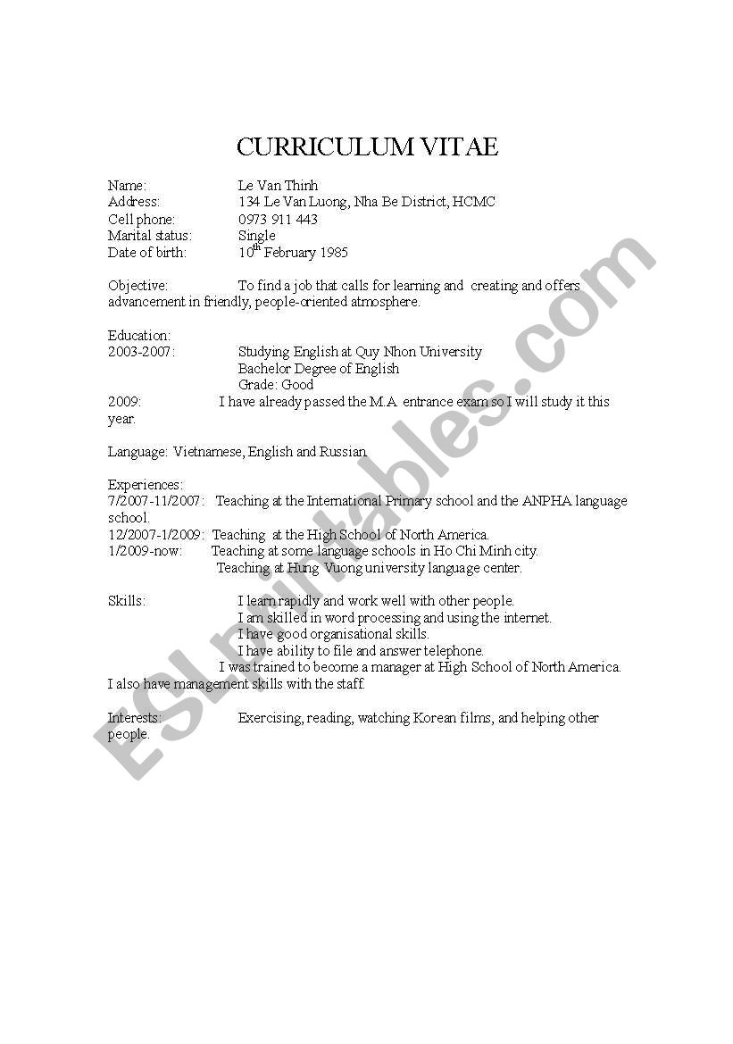 CURRICULUM VITAE  worksheet