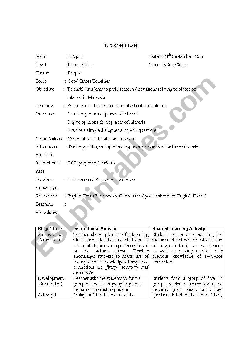 places worksheet