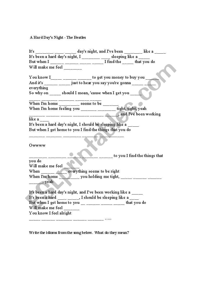 A Hard Days Night worksheet