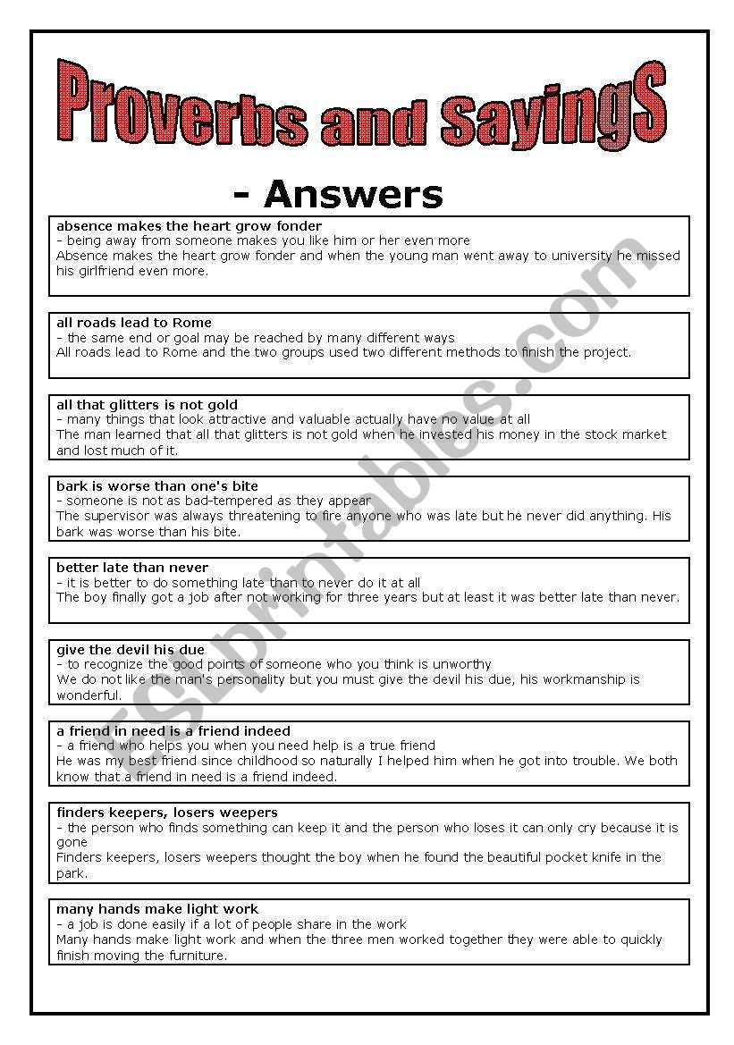 Proverbs and Saying - Aswers sheet