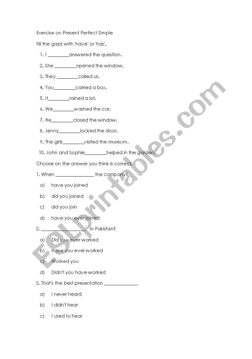 present perfect simple worksheet