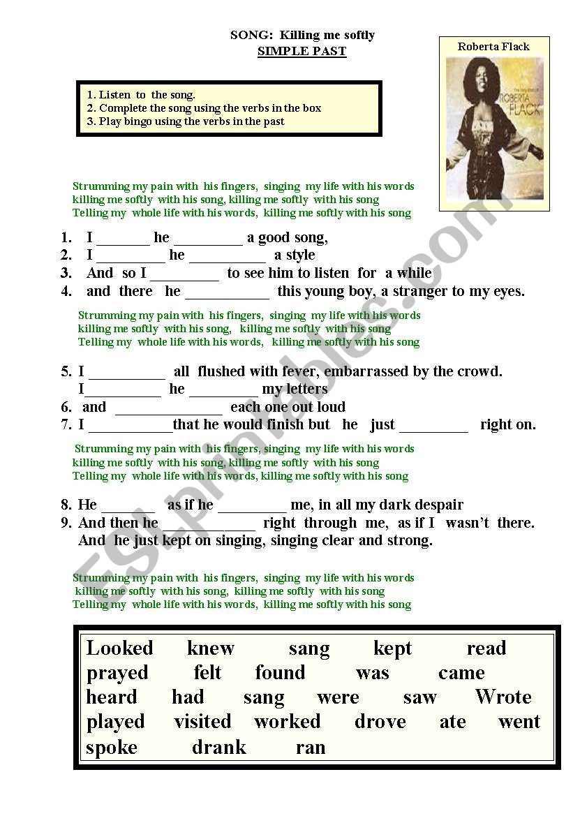 SONG KILLING ME SOFTLY SIMPLE PAST TENSE ESL Worksheet By RENZO