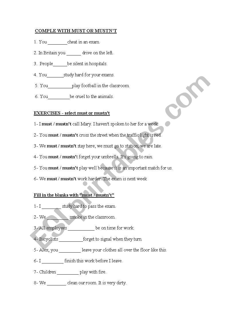 Must or mustnt worksheet