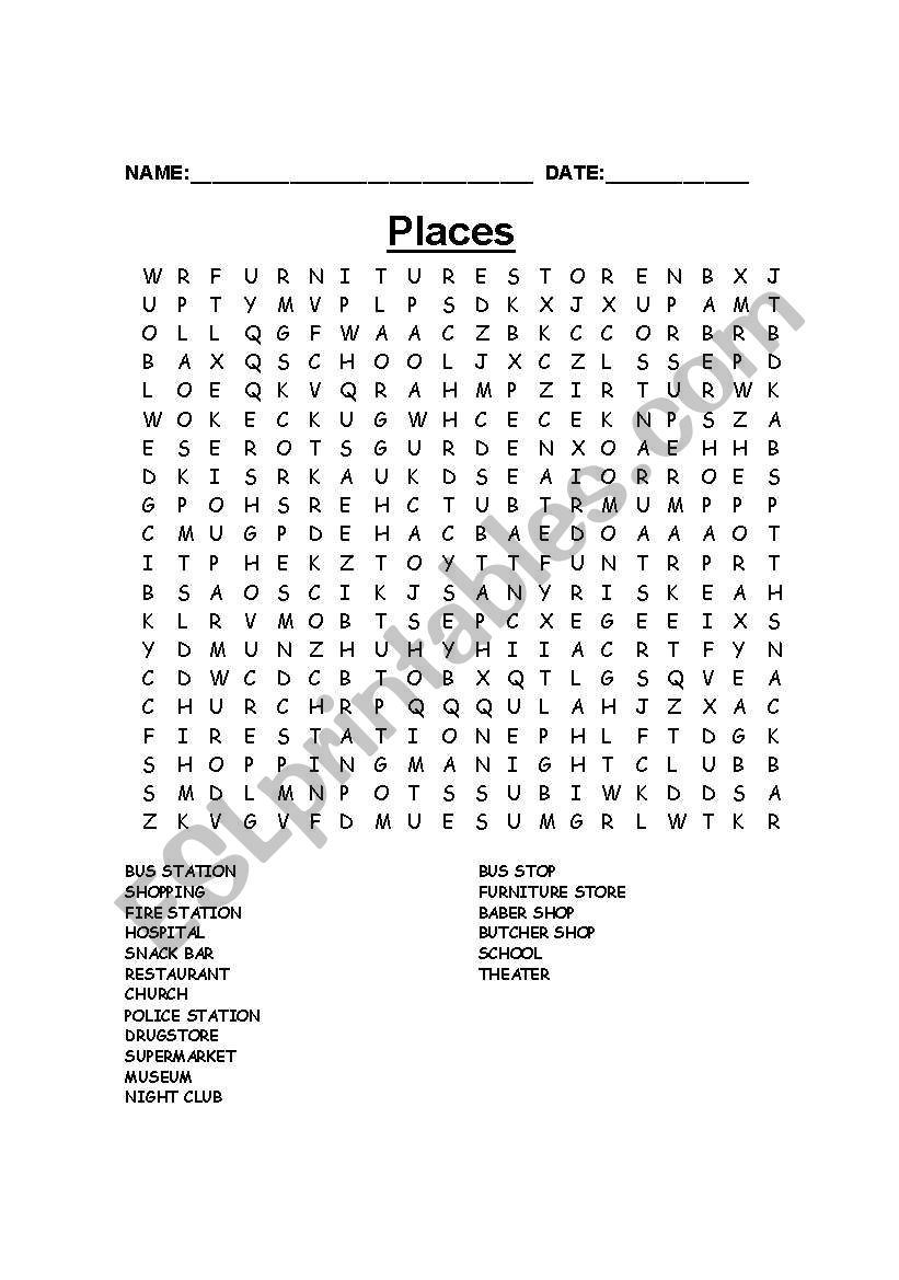 wordsearch places worksheet