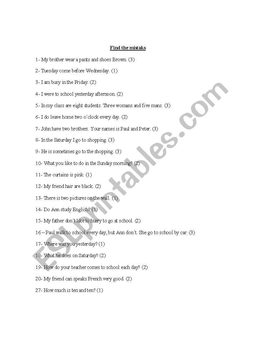 Finb the mistakes worksheet