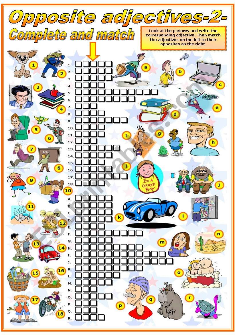 OPPOSITE ADJECTIVES-COMPLETE AND MATCH-2 (B&W VERSION INCLUDED)