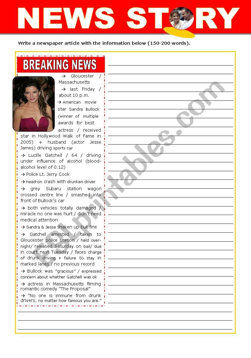 Writing an article for a newspaper about a celebrityÂ´s drunk driving accident  - Upper Intermediate and Advanced Students