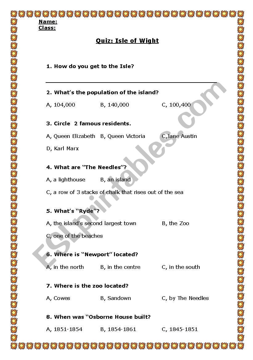 isle of wight quiz worksheet