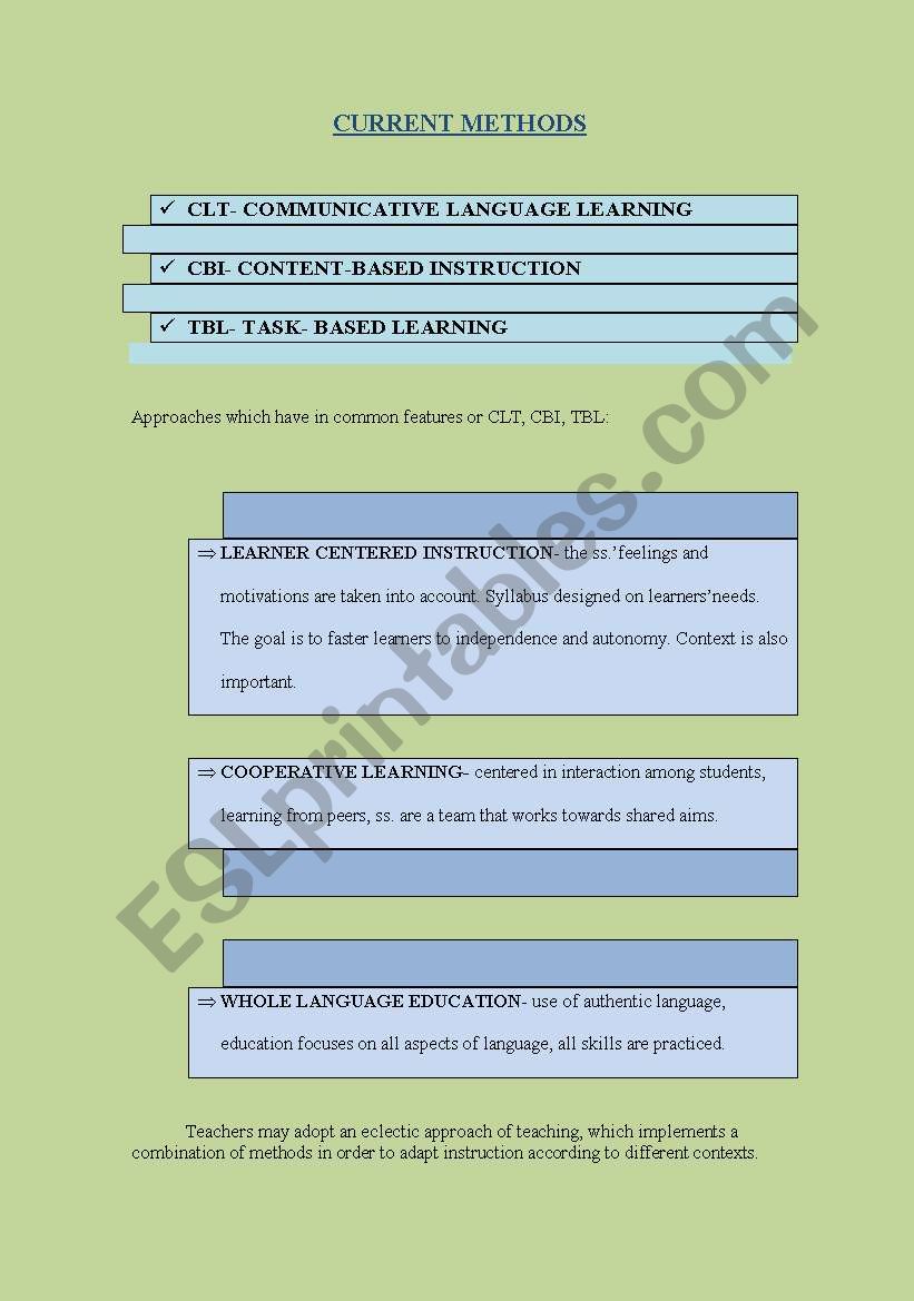 Current Methods in ELT worksheet