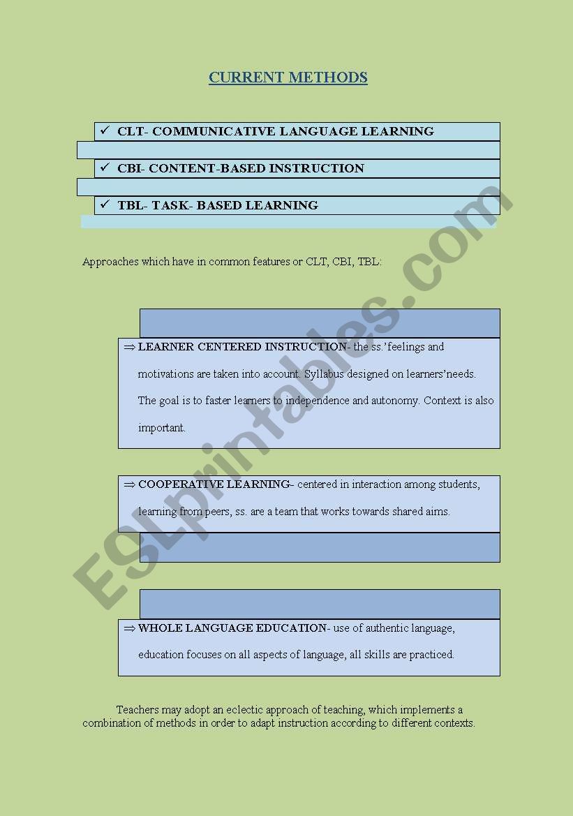 Current Methods in ELT worksheet