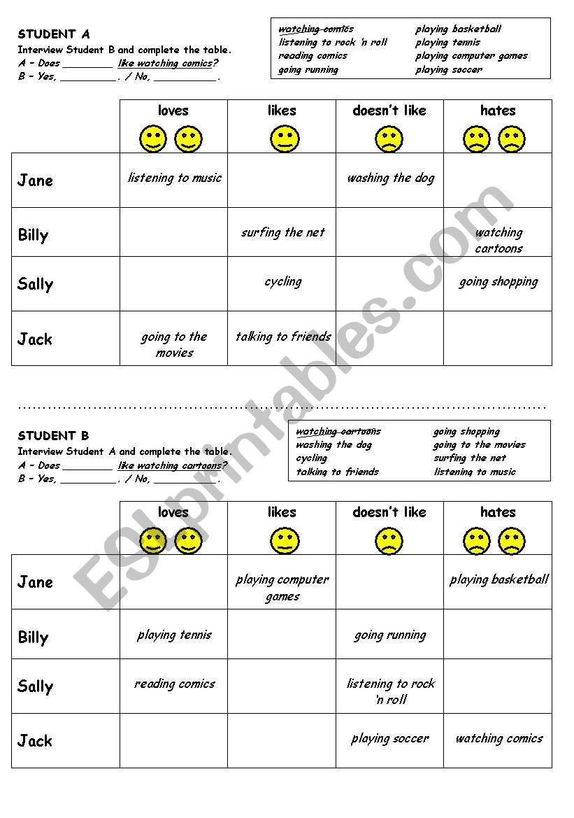 Like/Dont like/Hate worksheet