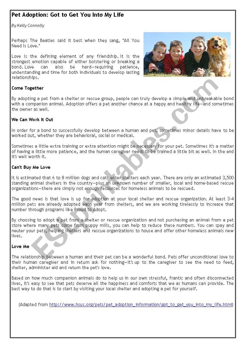 Pet adoption (with exercises) worksheet