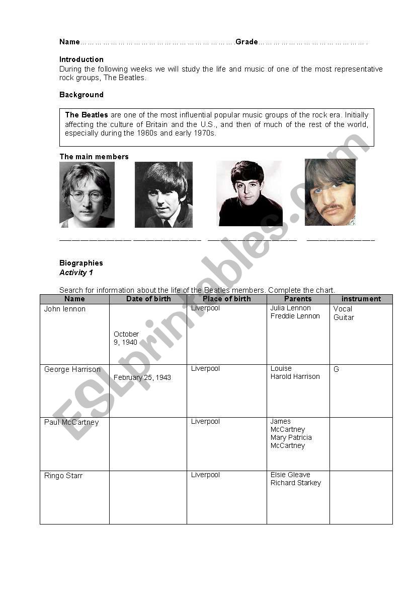 Beatles Biography worksheet