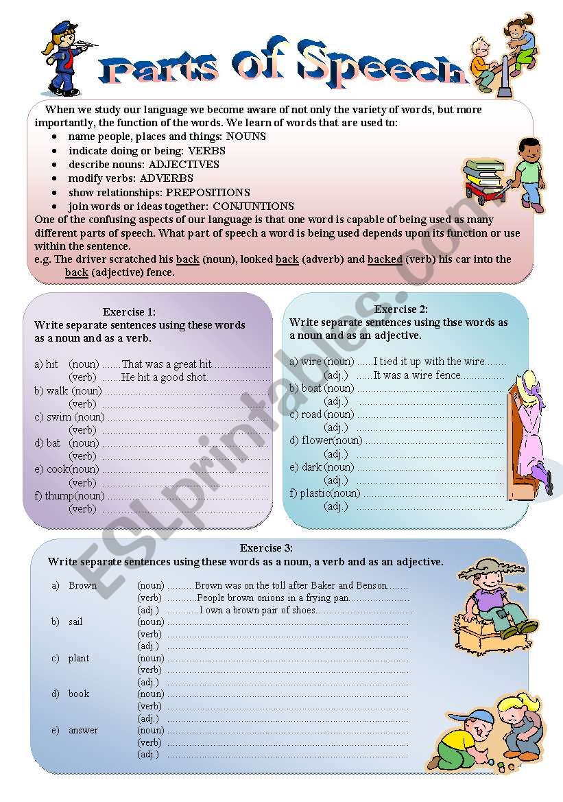 Parts Of Speech Nouns Verbs Adjectives Adverbs Prepositions Conjunctions Elementary Level B W Version Included Esl Worksheet By Ranclaude