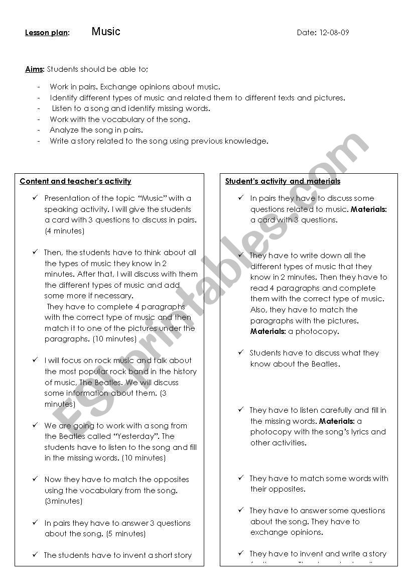 Lesson plan about music worksheet