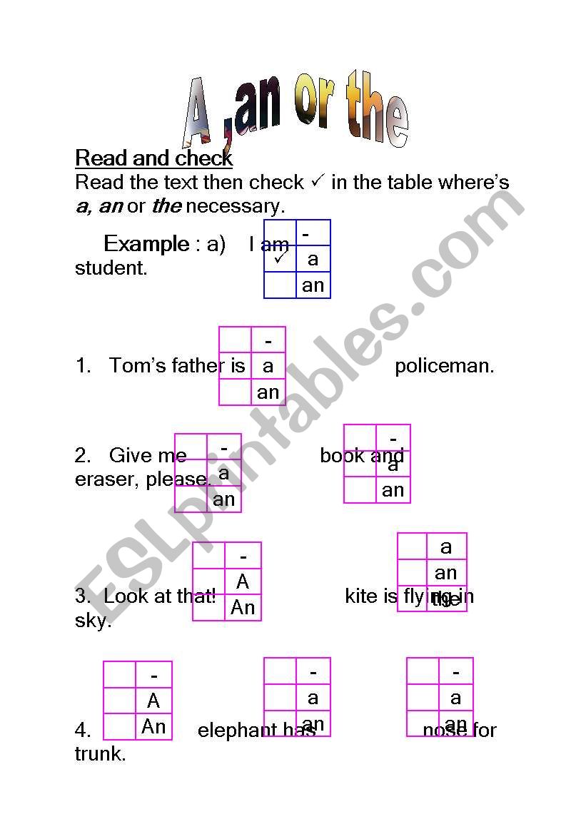 A,an or the worksheet