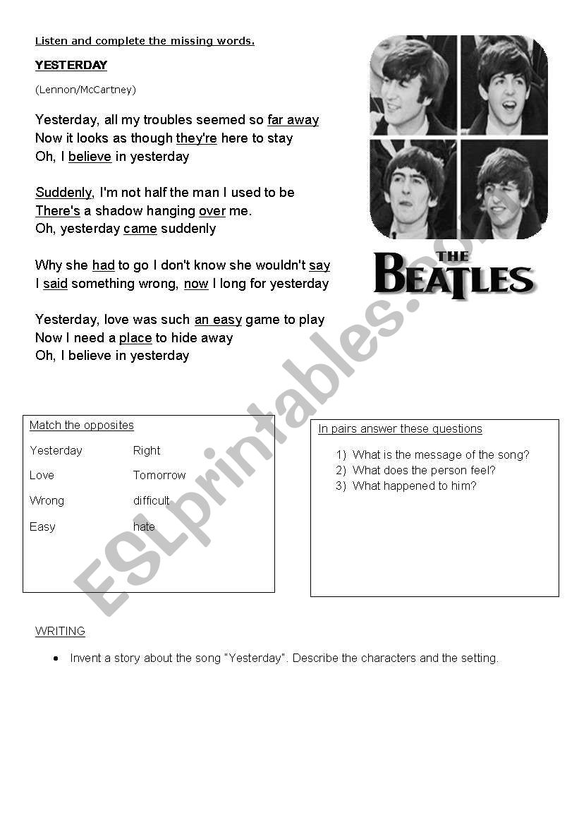 The Beatles-Yesterday worksheet