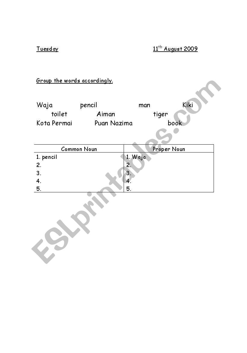 common and proper noun worksheet