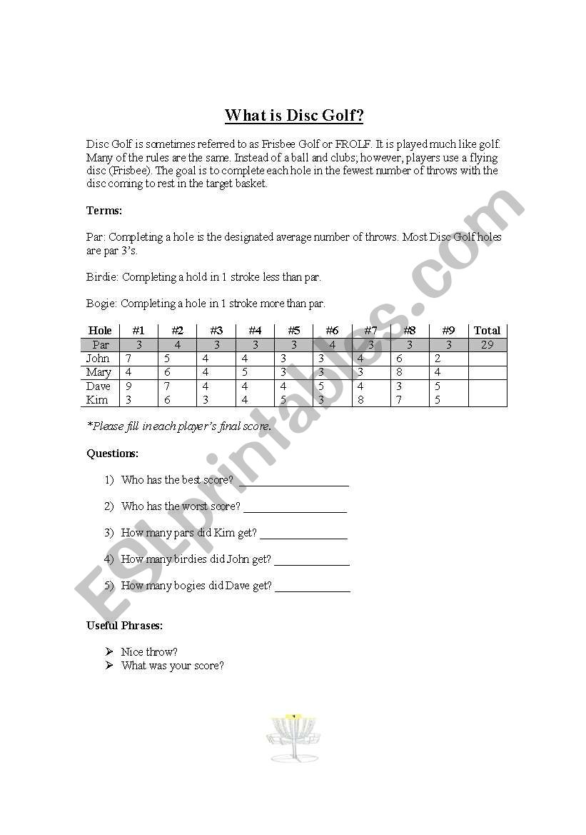 Disc Golf worksheet