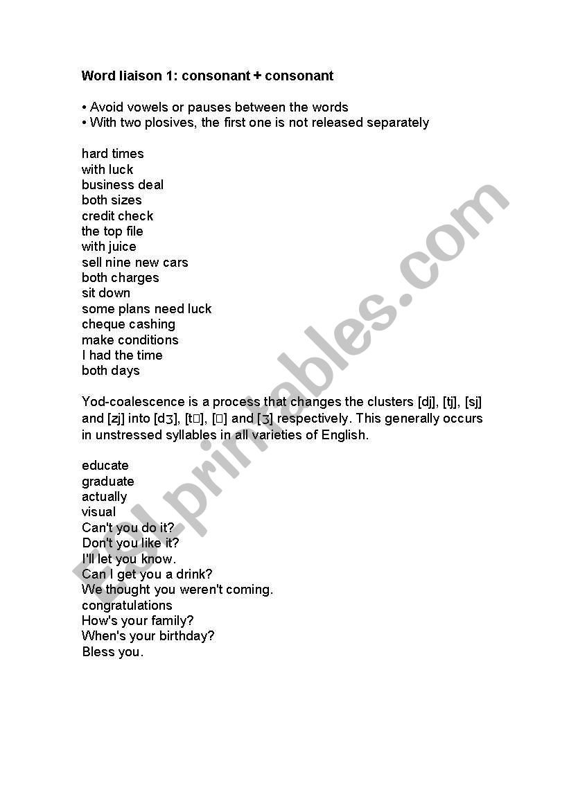 Word Liaison worksheet