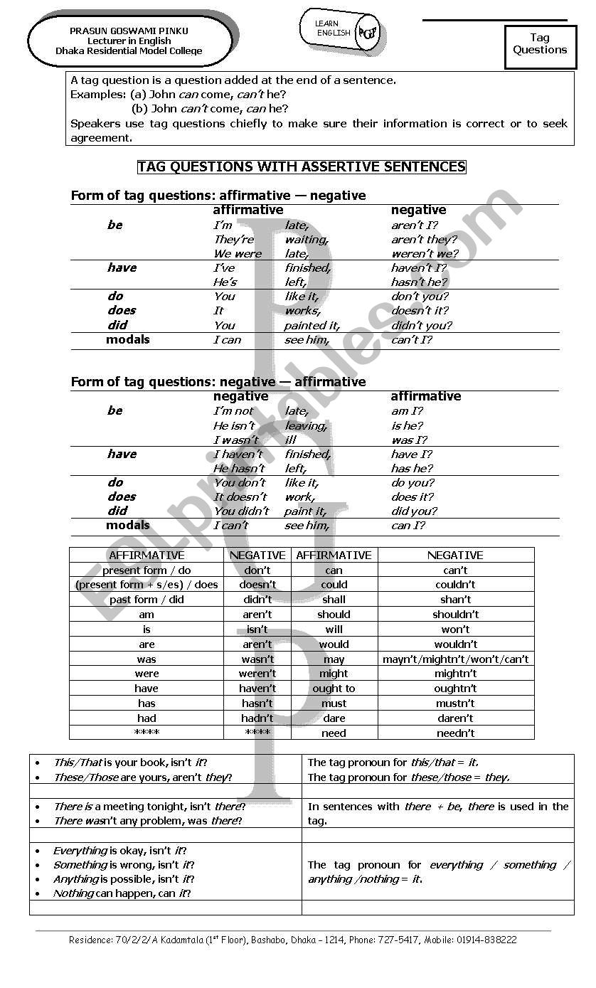 PGP TAG QUESTIONS worksheet