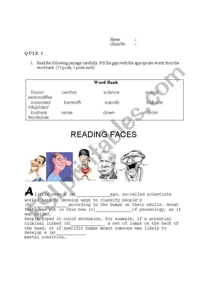 FILLING THE BLANK FOR   READING FACES TEXT