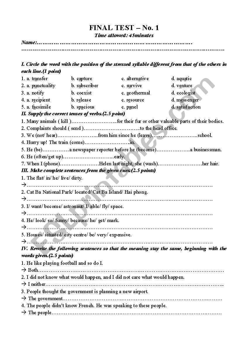 test worksheet