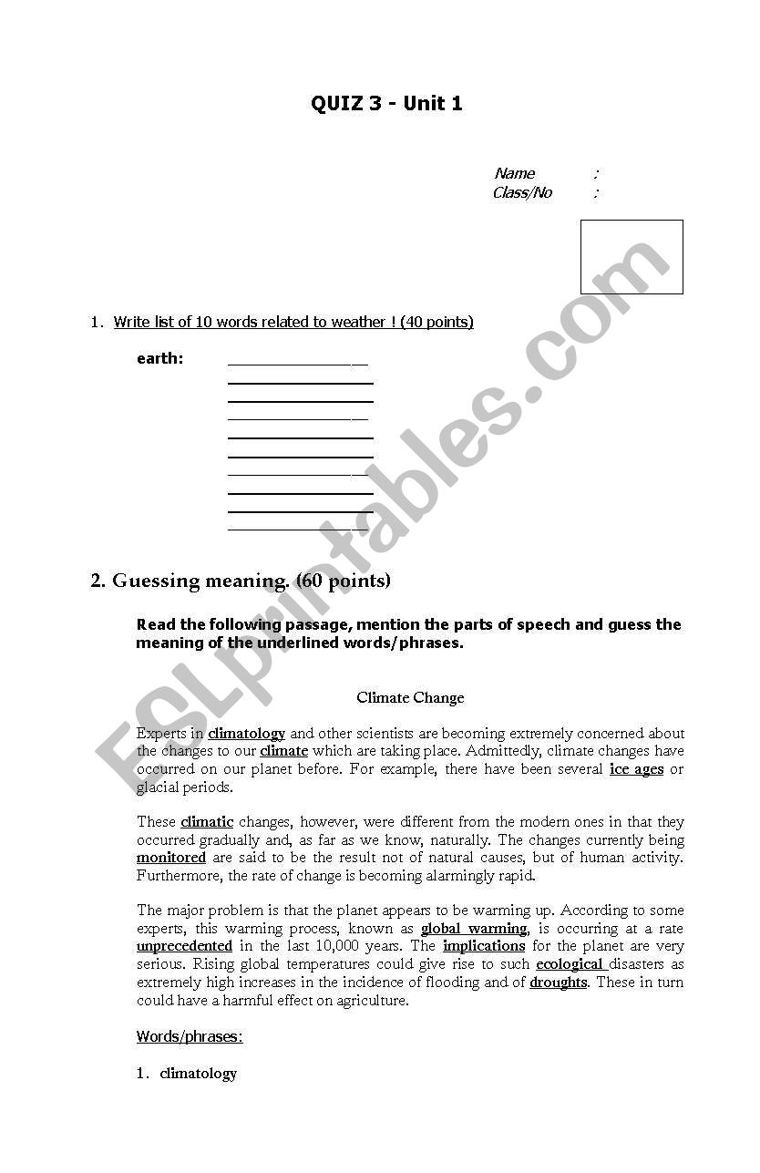 READING WORKSHEET - CLIMATE CHANGE