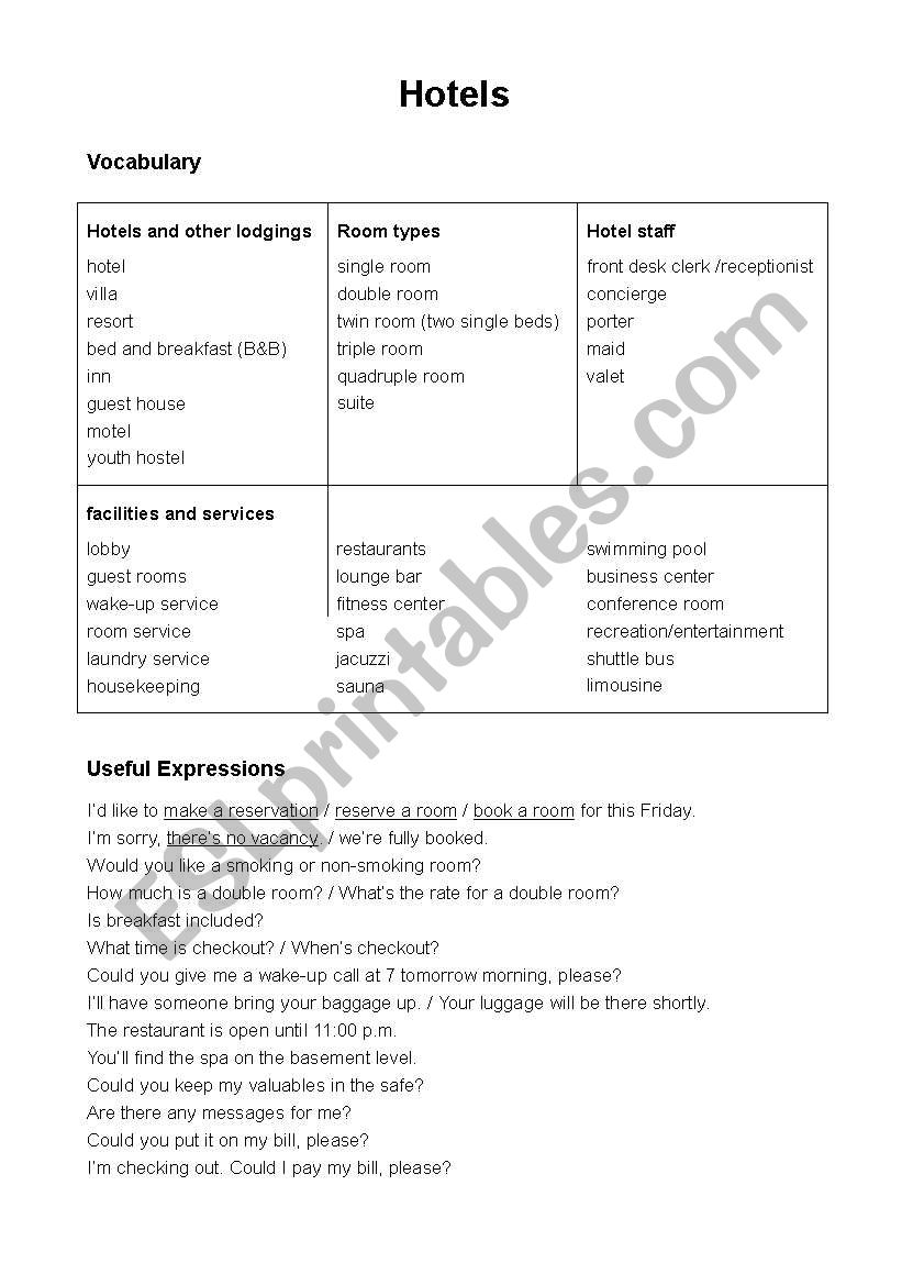 Hotels worksheet