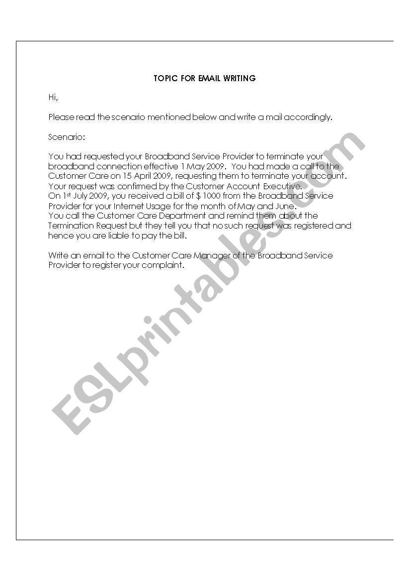 Topic for Email Writing worksheet