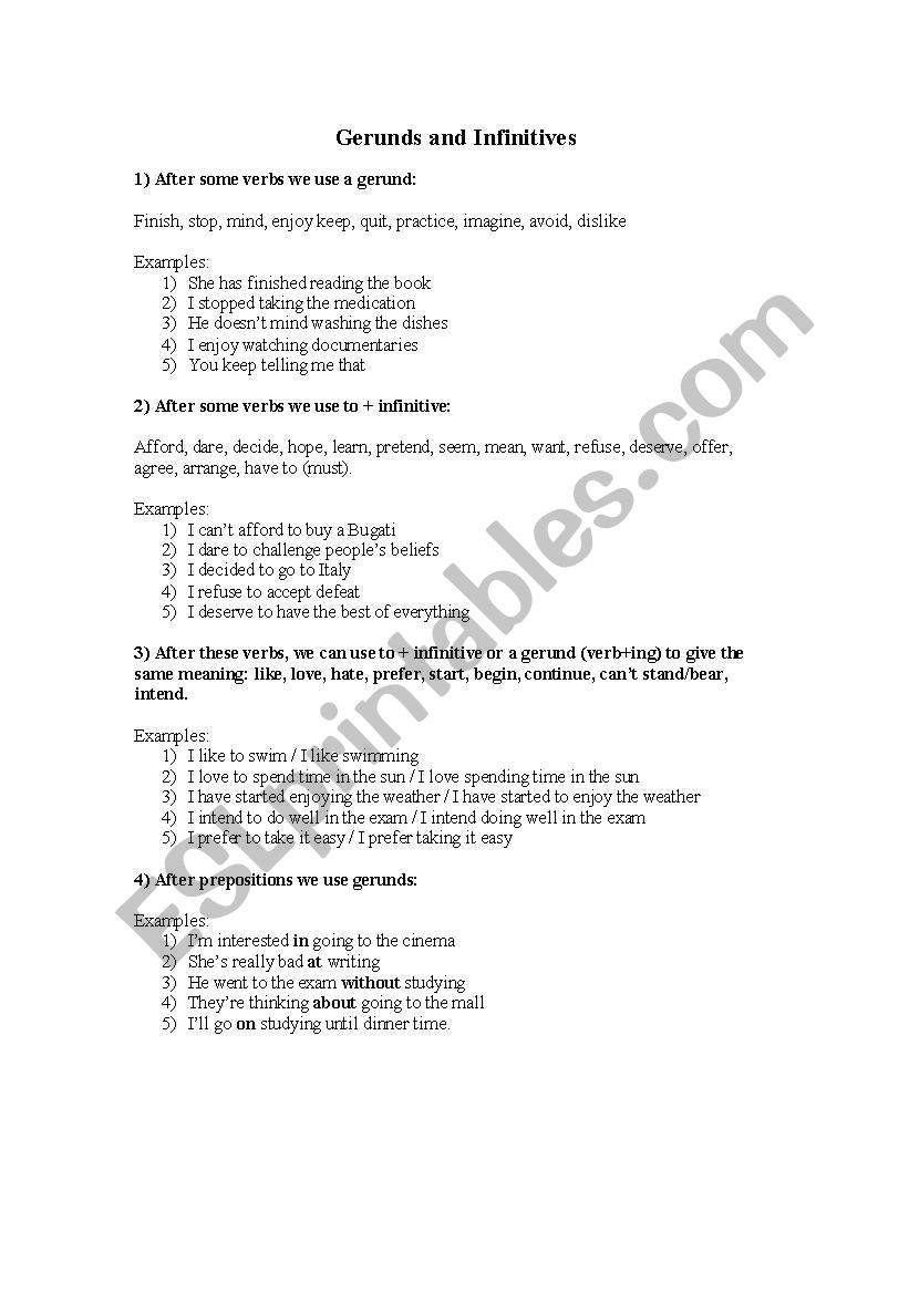 Gerunds and infinitives worksheet