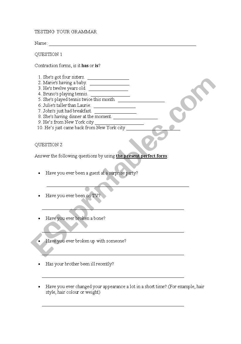 Contraction forms has or is and present perfect form