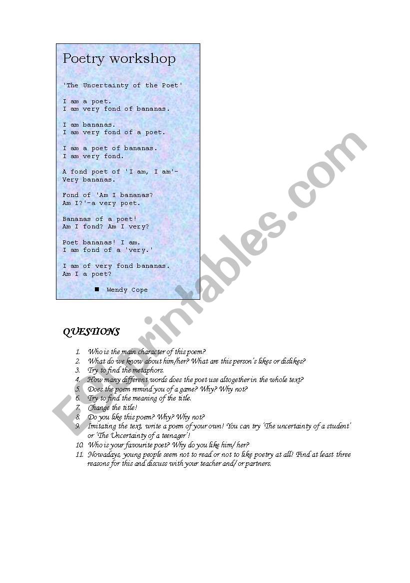 Poetry workshop/ The uncertainty of the poet by Wendy Cope/ level intermediate to advanced