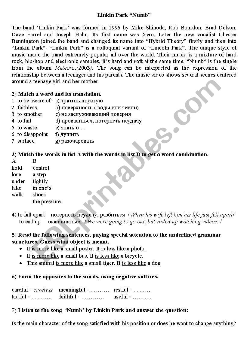 Numb by Linking Park worksheet