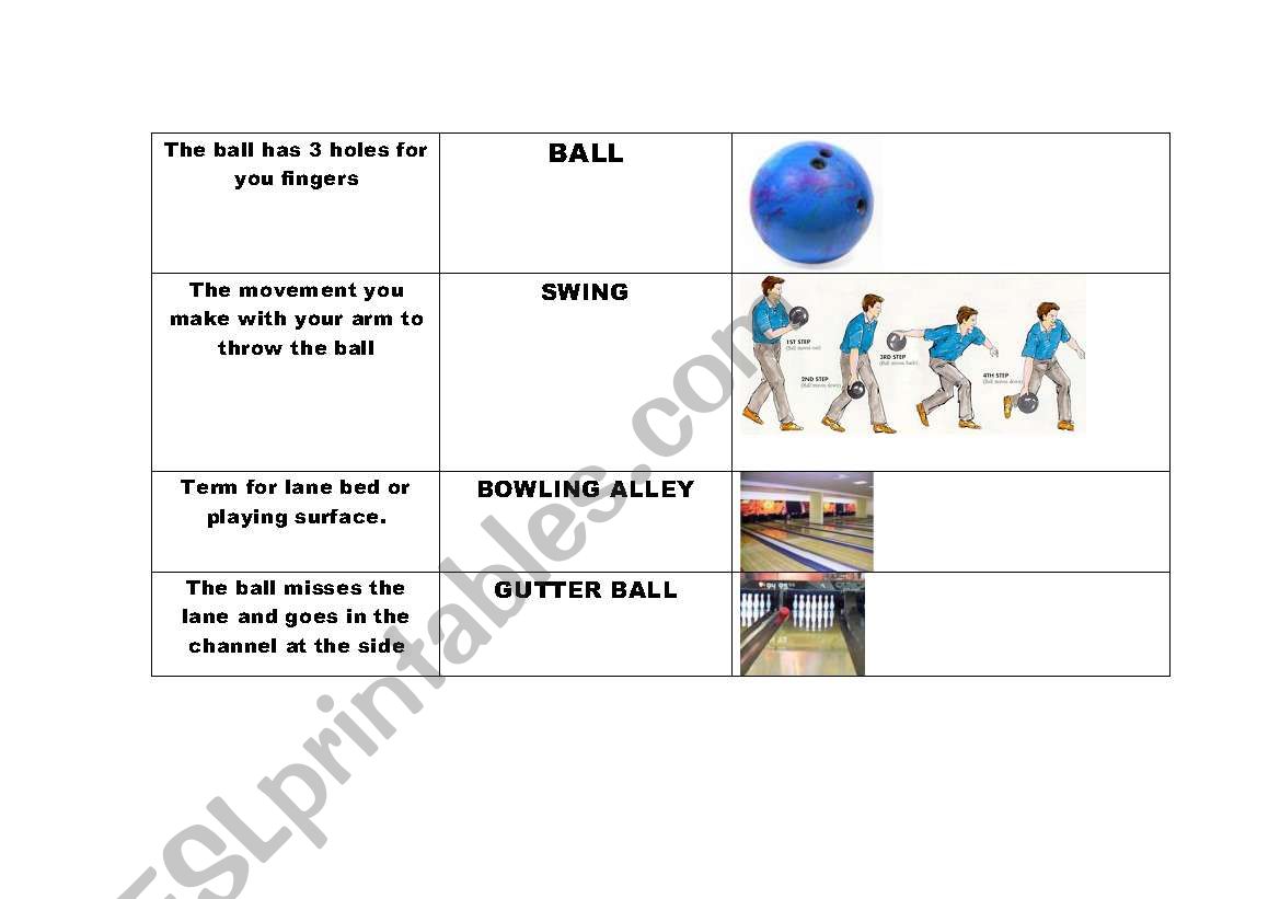 ESL 10 pin bowling  - match the term with the definition and image