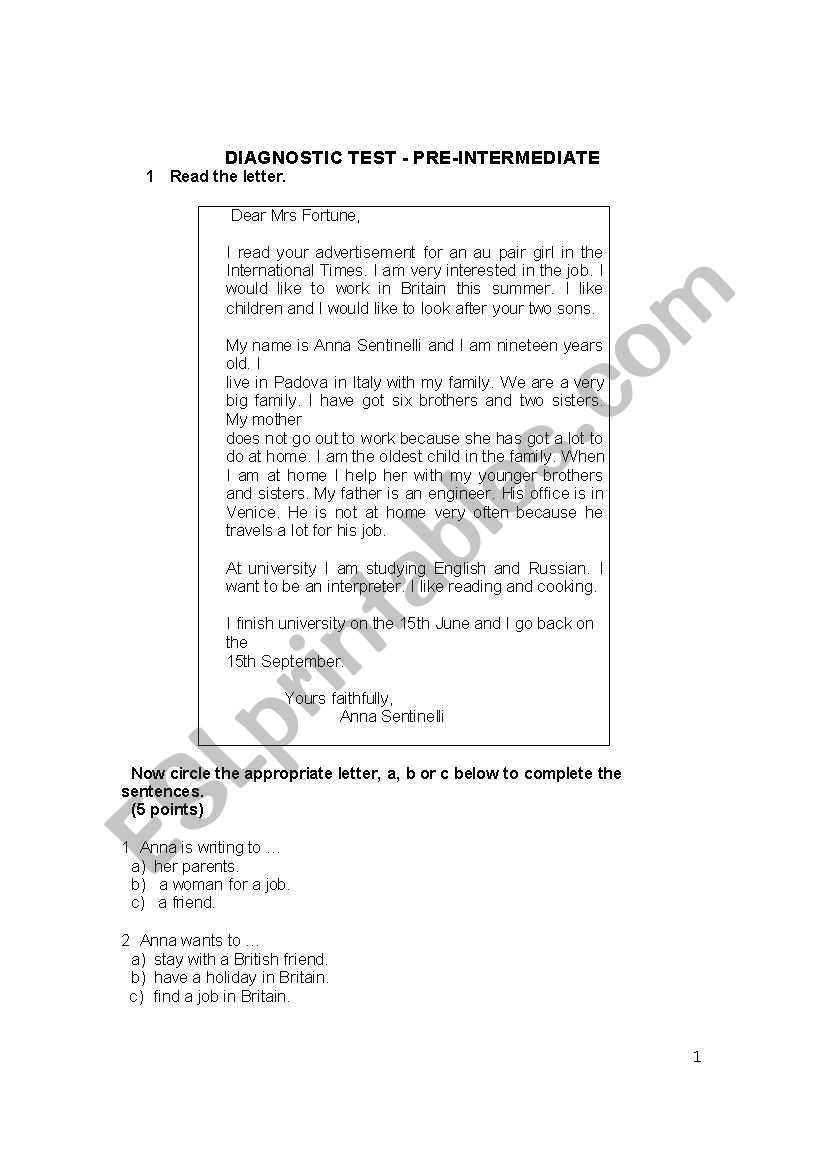 English test 18 worksheet