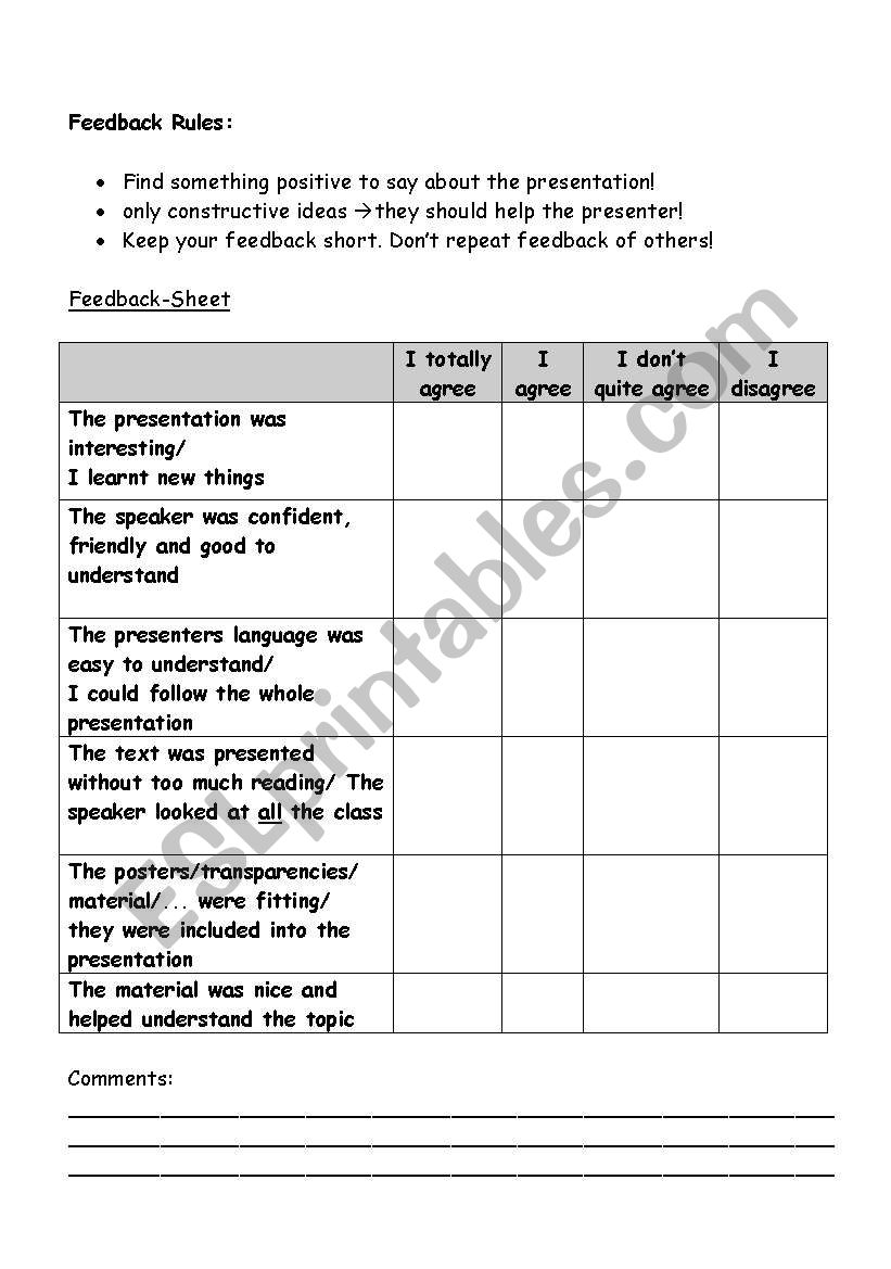 Feedback Sheet worksheet